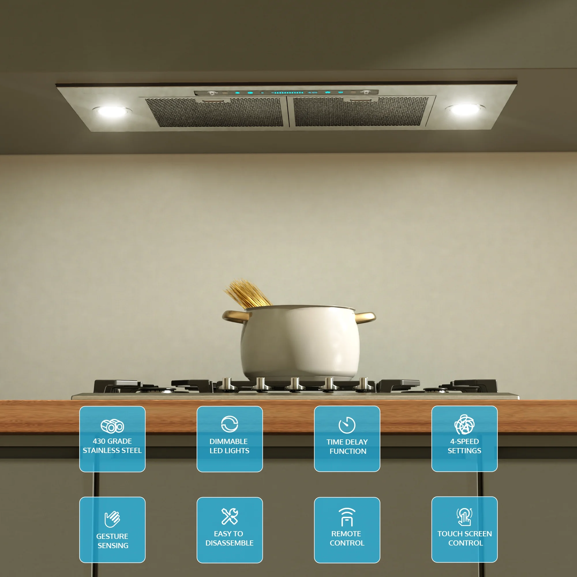 HisoHu Insert Range Hoods 30 Inch / 36 Inch, 900 CFM with Ducted Convertible Ductless (Kit Included), 4 Speed Gesture Sensing&Touch Control Panel, Stainless Steel Vent Hood(30 Inch)