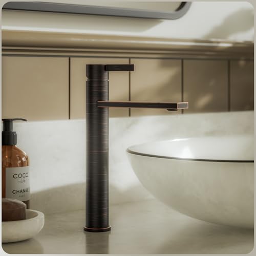 Phiestina Brushed Gold One Hole High Bathroom Vessel Sink Faucet, Single Hole Single Handle Tall Bathroom Faucet, with Pop Up Drain and Water Supply Line,FH01-BG-V