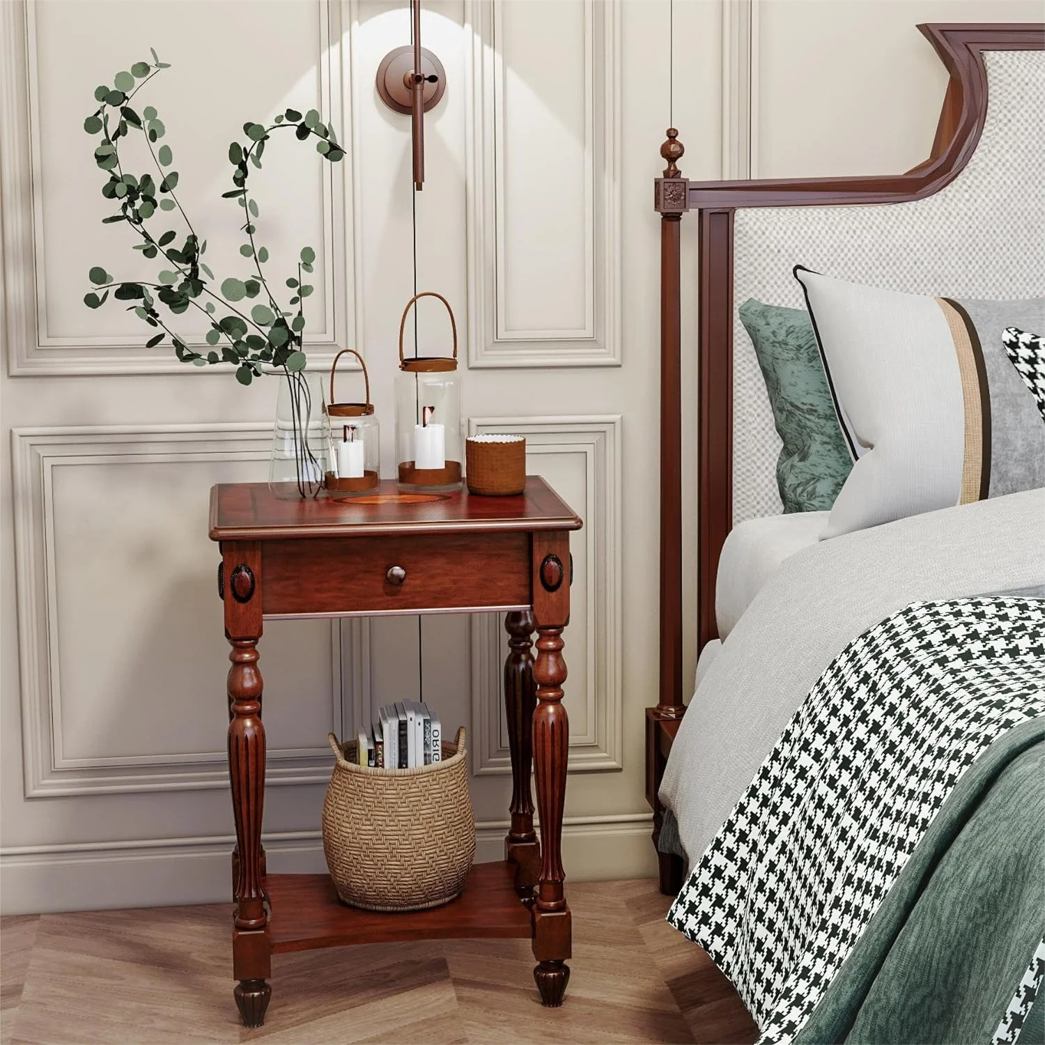 RUNFAYBIU Solid Wood End Tables Living Room  Accent  with Drawer and    Tall Nightstands Bedside Tables for Bedroom  19.7"x 15.7"x 27.6"  Cherry Walnut GBJ-1533-WD