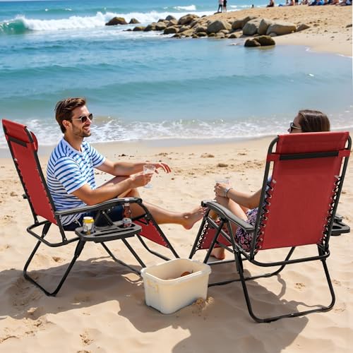Greesum Zero Gravity Chairs Set of 2 Adjustable Steel Mesh Recliners Beach Deck Lawn Camping Patio Foldable Lounge Chair with Cup Holder Trays and Pillows,Brown