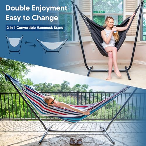 SUNCREAT 2-in-1 Hammocks Hammock Chair with Stand, 475 lbs Capacity, Heavy Duty Two Person Hammock with Stand, Patent Pending, Blue Stripe