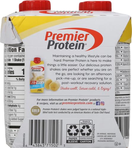 Premier Protein, 30g Shakes Bananas and Cream, 44 Fl Oz, Pack of 4