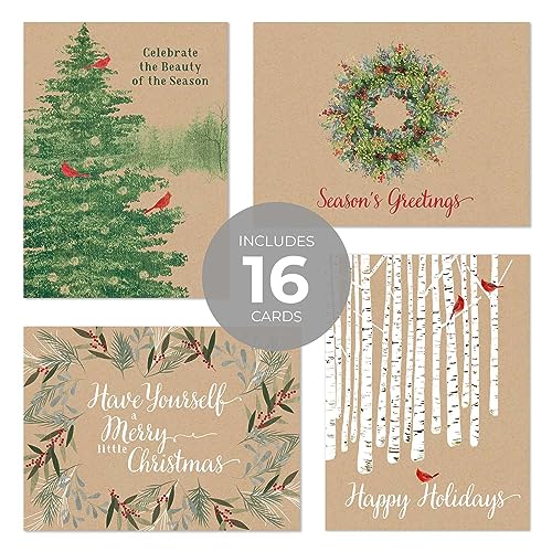 Masterpiece Holiday Greetings Trimmed In Scarlet Christmas Cards / 16 Boxed Snowy Cardinal Wreath Holiday Cards With Silver Foil Lined Envelopes / 5 5/8