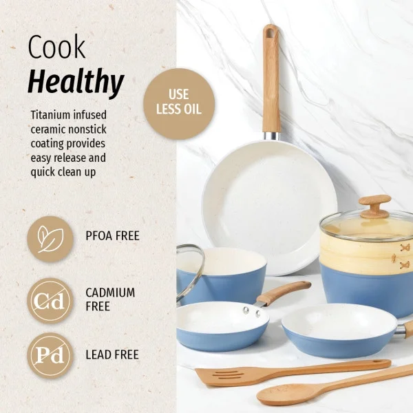 GoodCook Healthy Ceramic Titanium-infused 10-Piece Cookware Set with tools, Light Blue
