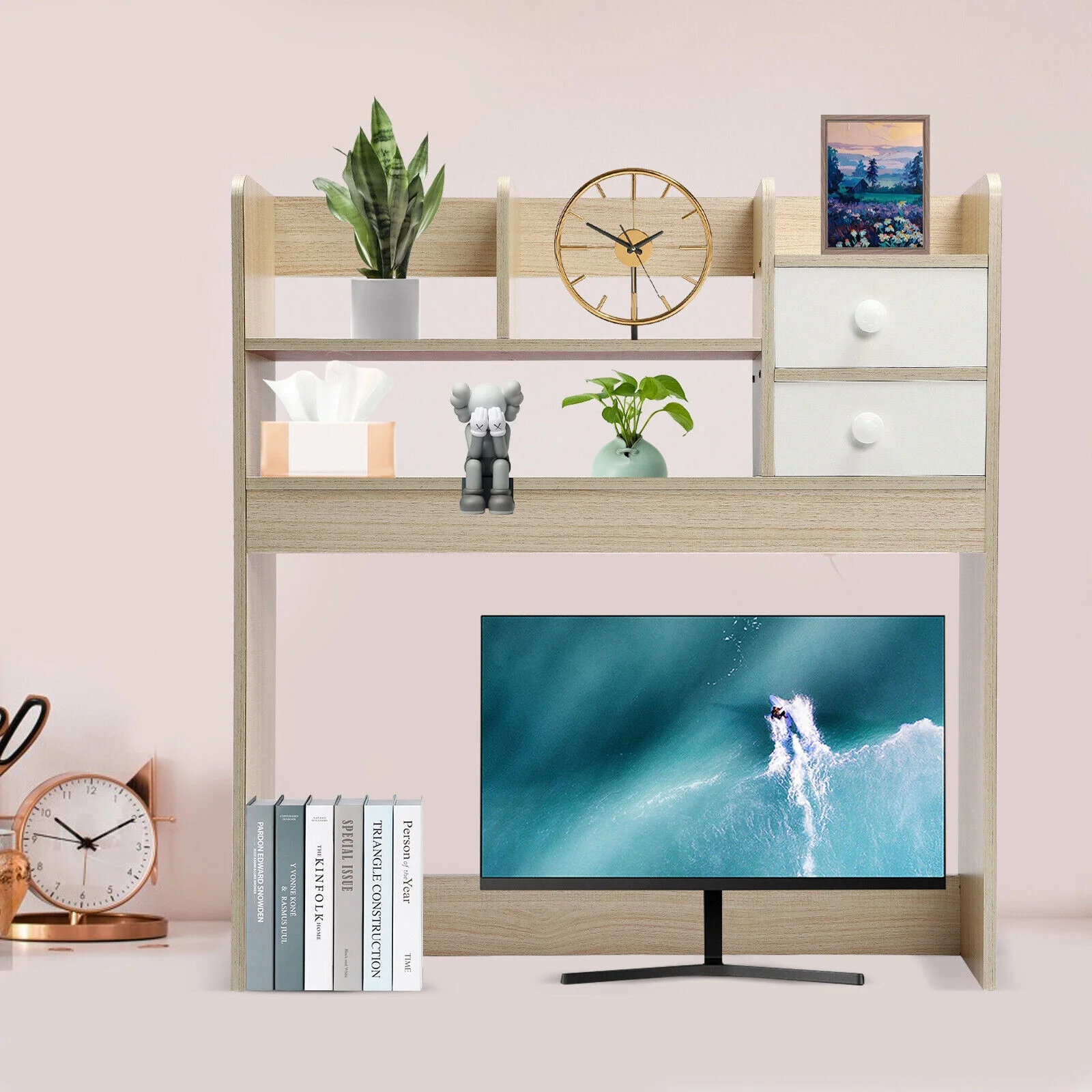 Desktop Bookshelf Counter Top Bookcase 2 Drawer Desk Organizer Home Office Shelf Brushed Oak