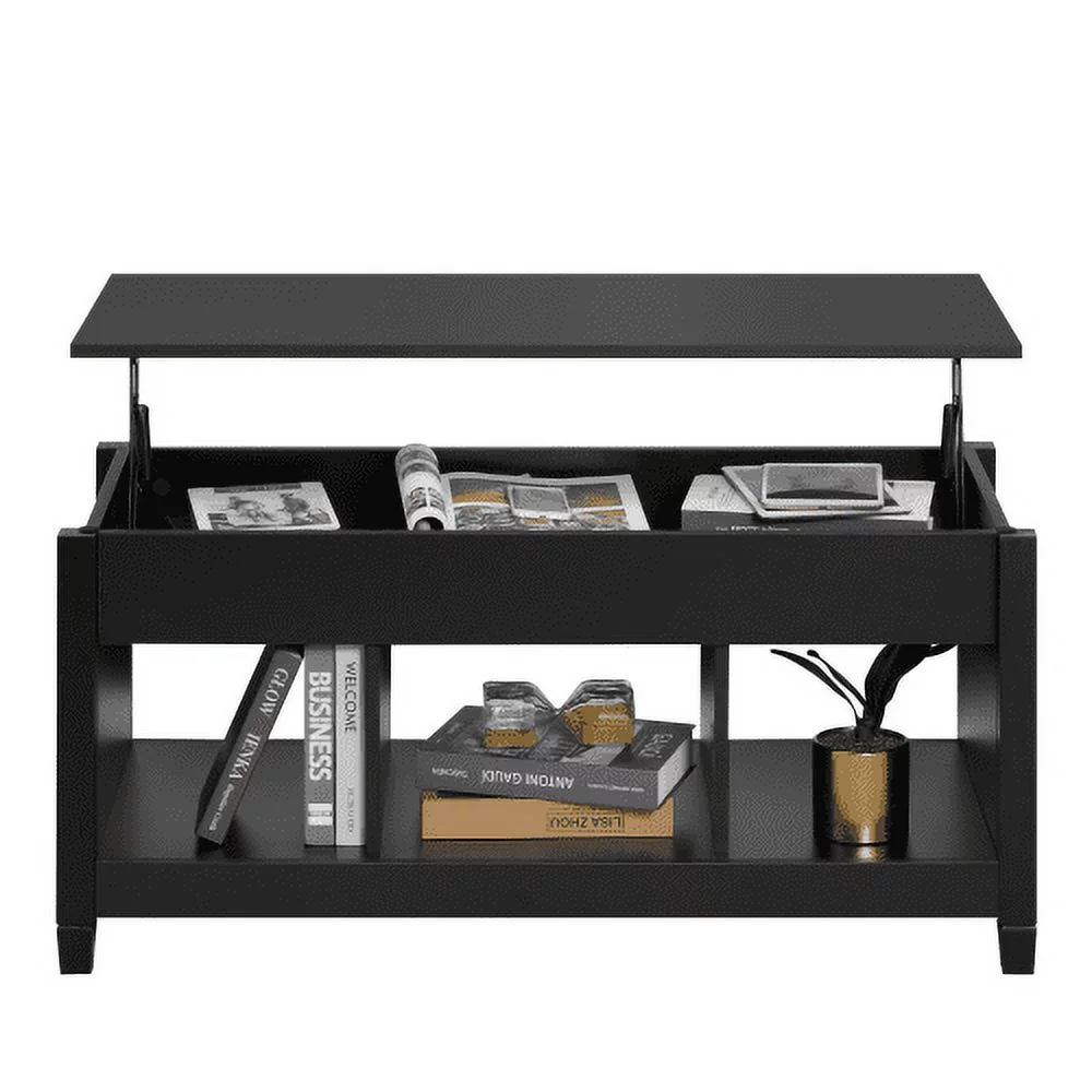 MYDENIMSKY Lift Top Coffee Table, Rising Dining Table Hidden Storage Compartment &3 Open Shelves,Coffee Table Lift Top for Reception & Living Room,Office,Small Apartment, Black
