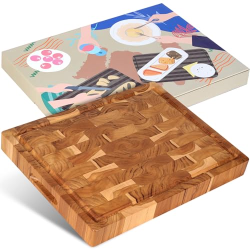 XL Acacia End Grain Wood Cutting Board (20x15x1.5in) Acacia Wooden Cutting Board, Butcher Block, Chopping Board - Reversible Multipurpose For Kitchen with Juice Groove, Cracker Holder & Inner Handles.