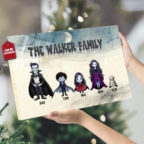 Personalized Vampire Family Halloween Wall Art Framed Canvas Print Custom Family Name Painting Rustic Living Room Bedroom Seasonal Decor for Mom Dad Kids 24L