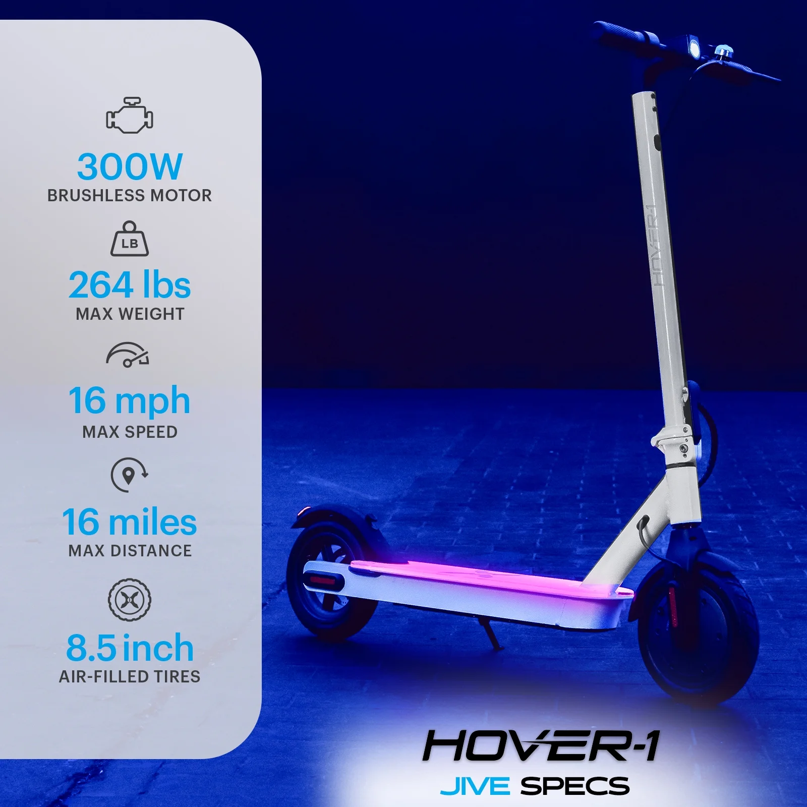 Hover-1 Jive Self Balancing Folding Electric Scooter, 8.5 in Wheels, 16 mph Max Speed, LED Lights, White, UL 2272 Certified