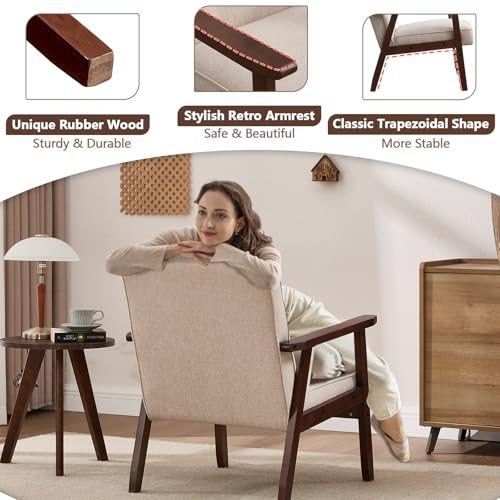 ANJ Mid Century Modern Accent Chair, Tufted Fabric Upholstery, Wood Frame, Beige