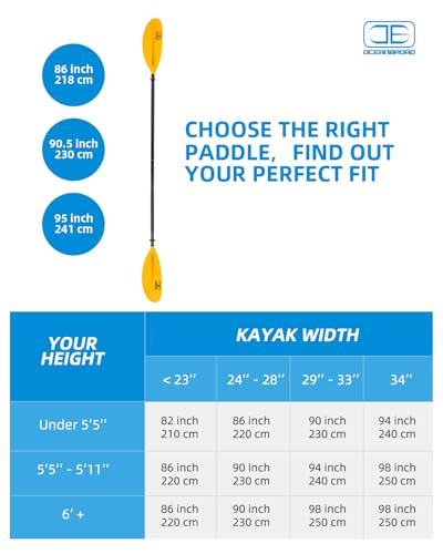 OCEANBROAD Kayak Paddle 86in/218cm, 90.5in/230cm, 95in/241cm Alloy Shaft Kayaking Boating Canoeing Oar with Paddle Leash