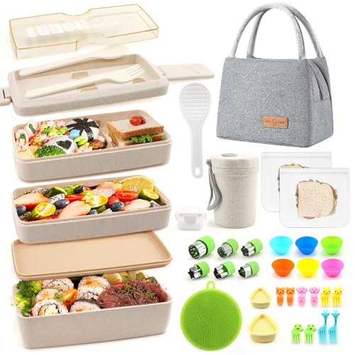 35Pcs Bento Box Japanese Lunch Box Kit Leakproof Bento Lunch Box for Kid Adult Wheat Straw 3 Layer Stackable Lunch Container w Compartment Lunch Bag for Teen Prepy Girl Meal Prep Containers (Pink)