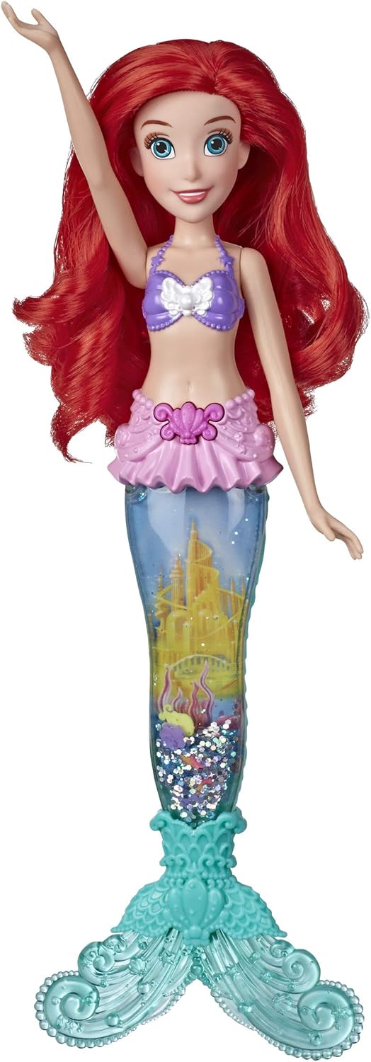 Disney Princess Glitter 'n Glow Ariel Doll with Lights, Mermaid Tail with Water, Sparkles, and Seashells Inside, Toy for Kids and Fans of Disney Movies