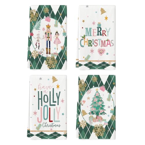 Artoid Mode Pink Nutcrackers Tree Holly Jolly Merry Christmas Kitchen Towels Dish Towels, 18x26 Inch Seasonal Winter Xmas Decoration Hand Towels Set of 4