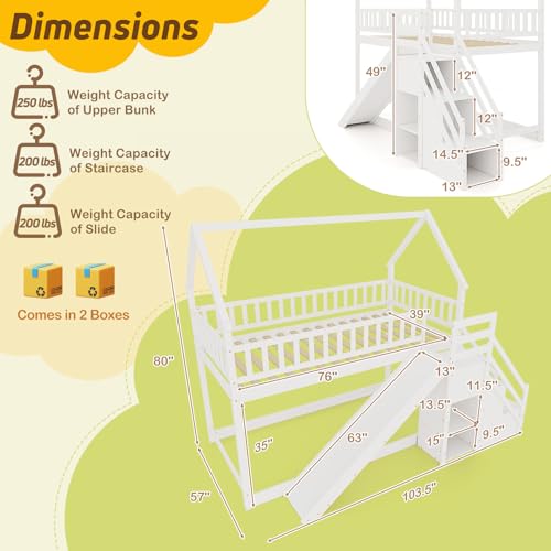 Giantex House Bunk Bed Twin Over Twin with Slide & Stairs, Wood Bunk Bed with Storage Shelves, No Box Spring Needed, Twin Floor Bed for Kids Teens Boys Girls (White)