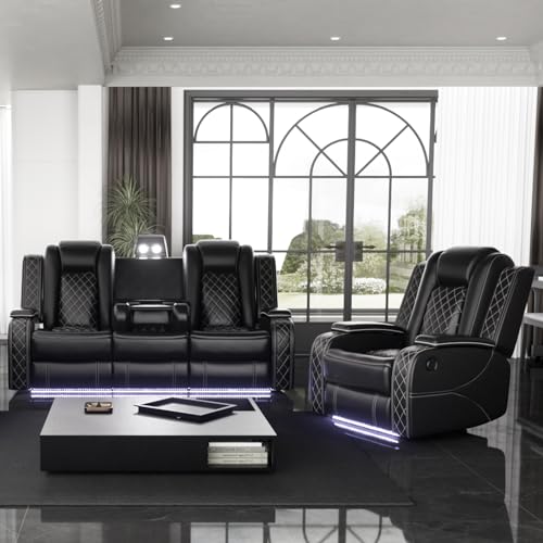 Power Black Leather Recliner Sofa Set with LED Light for Living Room Furniture，Power Reclining Sofa with Drop-Down Table/Double Recliner Loveseat with Storage Console/Home Theater Recliner