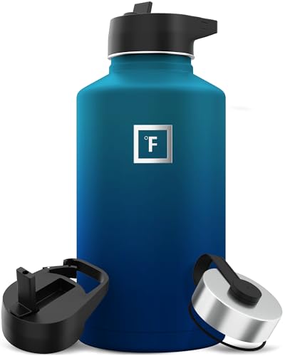 IRON °FLASK Camping & Hiking Hydration Flask with 3 Lids - Stainless Steel, Double Walled & Vacuum Insulated Water Bottle - Leak Proof & BPA Free (Midnight Black, Straw - 40 oz)