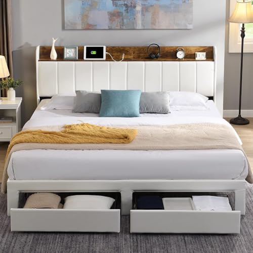 Queen Bed Frame with Headboard & Charging Station, Upholstered Platform Bed Frame with 2 Storage Drawers, Sturdy Wooden Slats Support/No Box Spring Needed/Noise Free/Easy Assembly/White