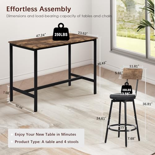 Tatub Bar Table with Stools Set of 2, Industrial 3 Piece Counter Height Small Dining Sofa Table and Chairs Set of 2, Brown