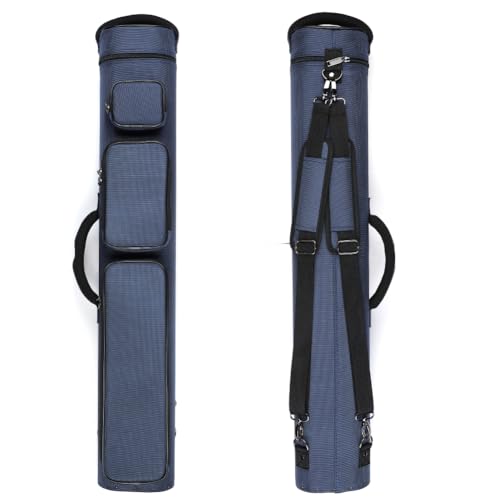 12-Hole Premium Nylon Pool Cue Case – Holds 8 Shafts & 4 Butts, Durable Double Shoulder Strap Design with 3 External Pockets (Black/Blue)