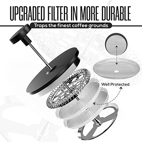 Utopia Kitchen Stainless Steel French Press Coffee Maker 34 Oz (1 Litre) with 2 Extra Filters, French Press Coffee & Tea Maker for Kitchen & Camping, Cold Brew Cafetiere, Silver