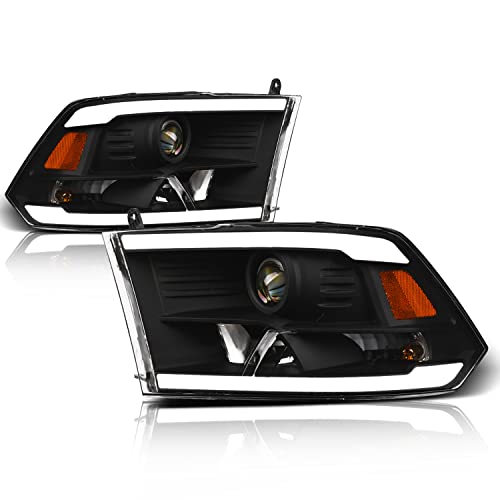 Alpha Owls 8710401 Crystal Headlights With Switchback Sequential LED Light Bar & Startup Light - Black Amber Fits 2009-2018 Dodge Ram 1500 2500 3500/2019-2023 Classic Halogen Models