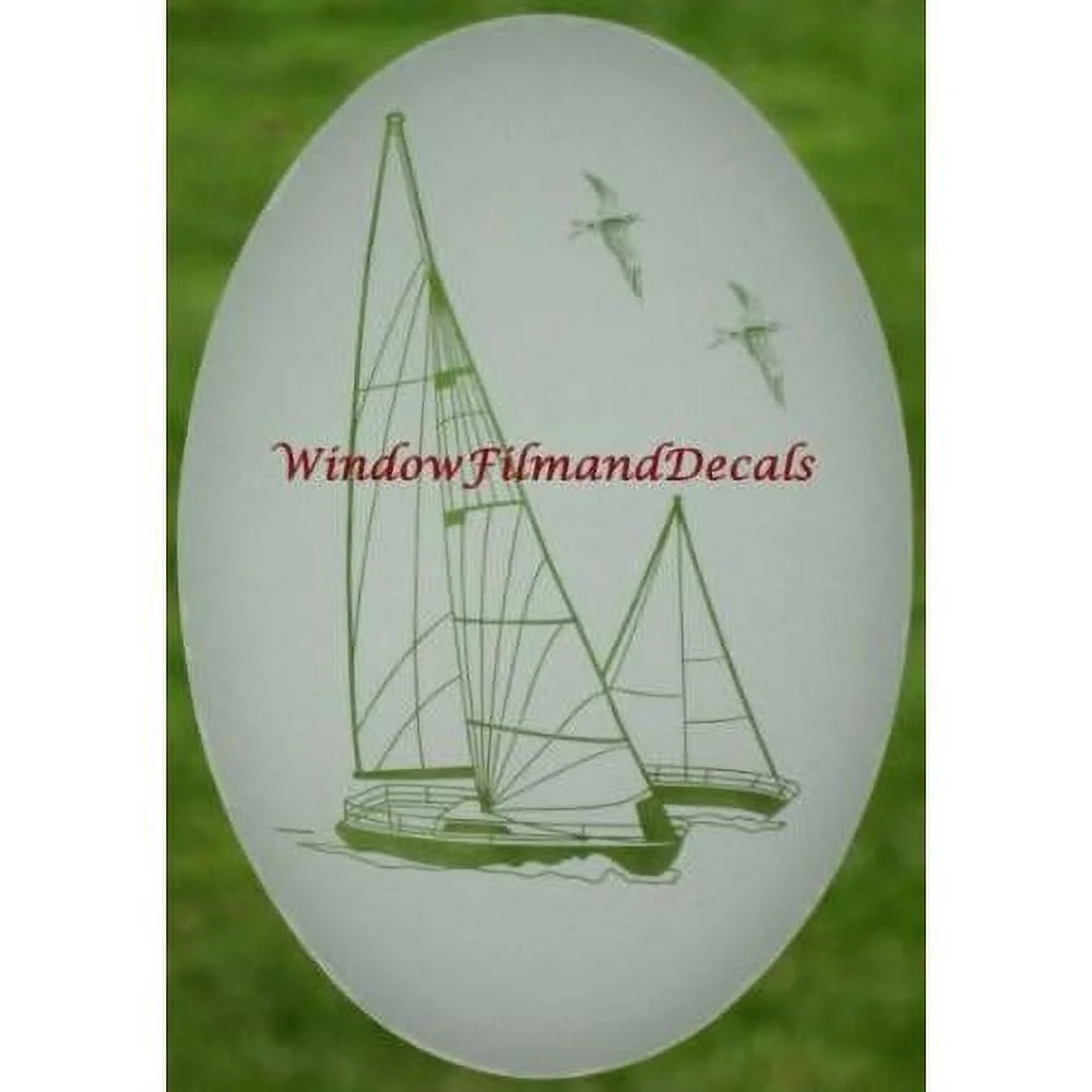 Sailboat Oval Etched Window Decal Vinyl Glass Cling - 8