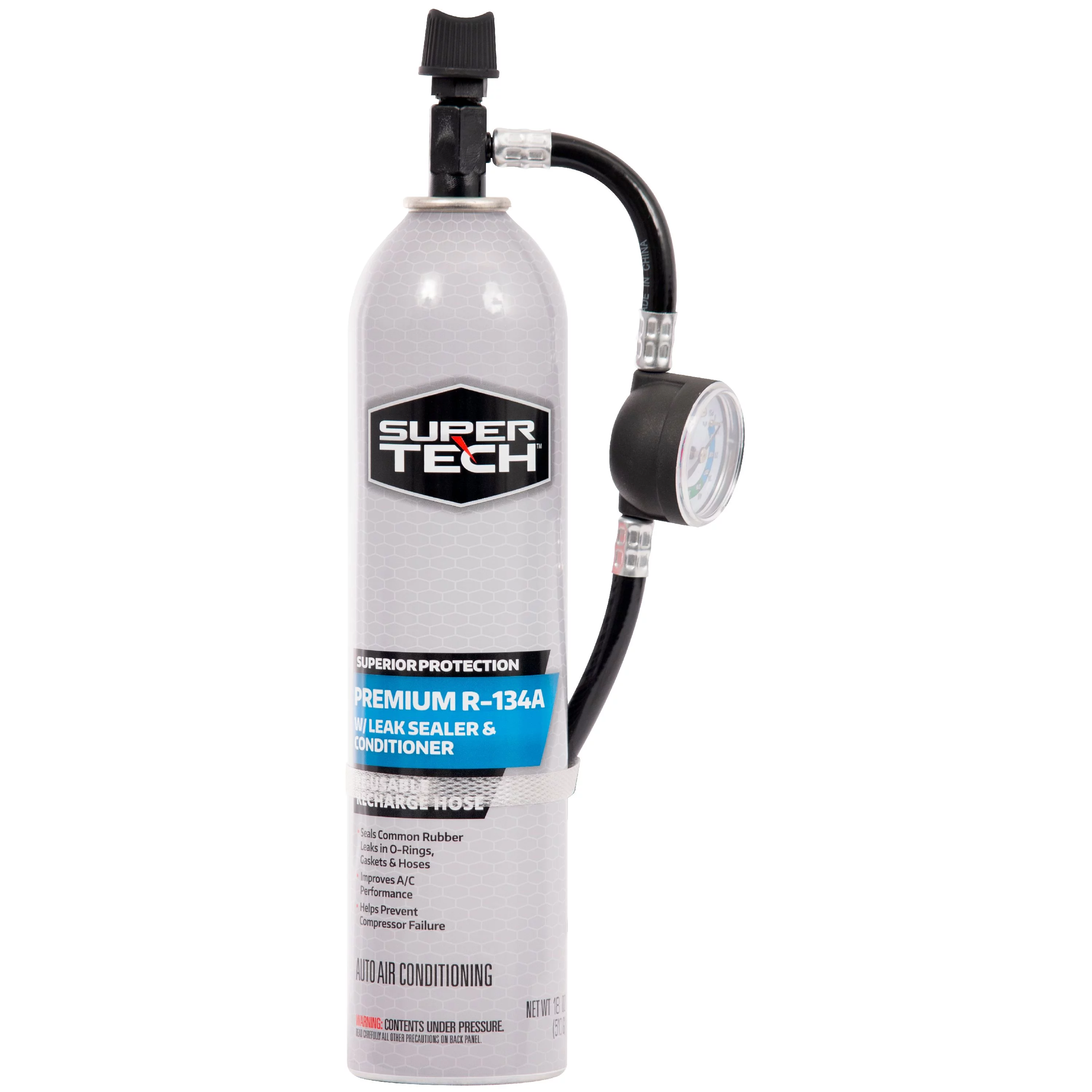 Super Tech Premium R-134a Automotive Refrigerant with Reusable Hose and Gauge, 18 oz, Pack of 1, Vehichle Type Specific