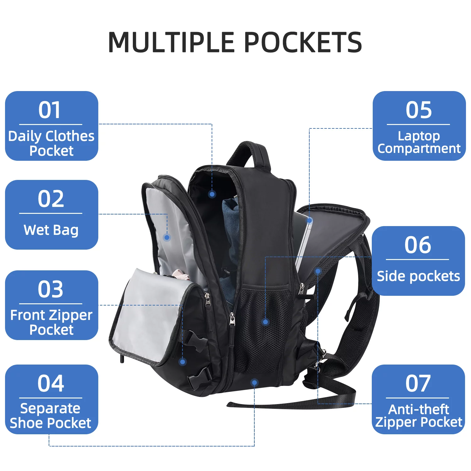 Lochas Travel Backpack Carry On Backpack,Hiking Backpack Waterproof Outdoor Sports Rucksack Multi-pocket Daypack School Bag for Men Women,Black