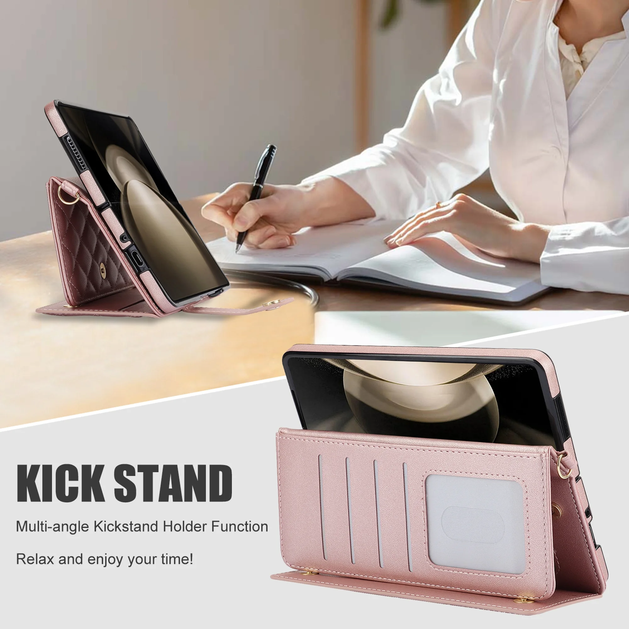 TECH CIRCLE for Samsung Galaxy Z Fold 5 5G Wallet Case,Premium PU Leather Card Slots Holder Cover with Crossbody Hand Strap Magnetic Clasp Shockproof Phone Shell for Galaxy Z Fold 5,Rosegold