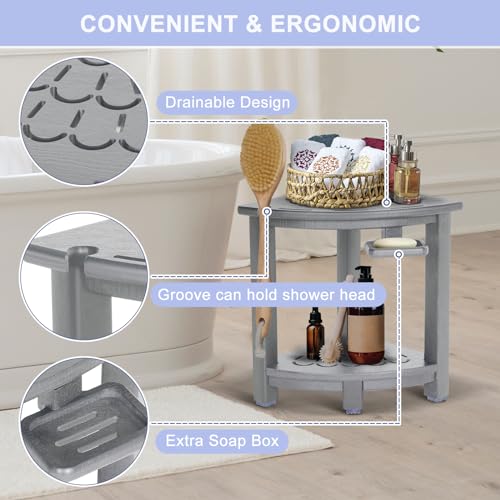 nalone Corner Shower Stool, HDPE Shower Bench for Inside Shower, Small Shower Chair Seat for Shaving Legs with Storage Shelf, Soap Box and Adjustable Feet (Black)
