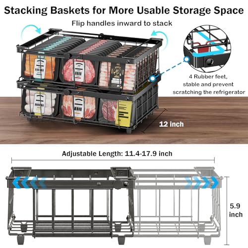 DOUBFIVSY Freezer Organizer Bins, 2 Pack Expandable Stackable Chest Deep Freezer Organizer Bins, Foldable Freezer Baskets with Handles, Freezer Storage Bins for 5 - 20 Cu.Ft Deep Freezer, Black