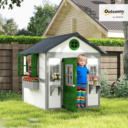 Outsunny Outdoor Kids Playhouse, Wooden Playhouse with Doors, Windows, Planter Pots and Boxes for Toddlers 3-8 Years, Cottage Play House for Backyard, DIY Chicken Coop, Beige