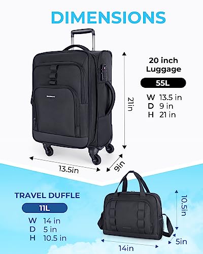 BAGSMART Expandable 20 inch Carry on Luggage Airline Approved, Lightweight Carry on Suitcase with Spinner Wheels, Family Travel Suitcase Set with Duffle Bag-Black