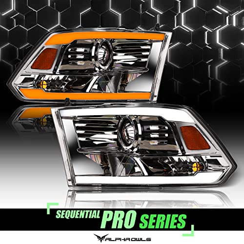 Alpha Owls 8710401 Crystal Headlights With Switchback Sequential LED Light Bar & Startup Light - Black Amber Fits 2009-2018 Dodge Ram 1500 2500 3500/2019-2023 Classic Halogen Models