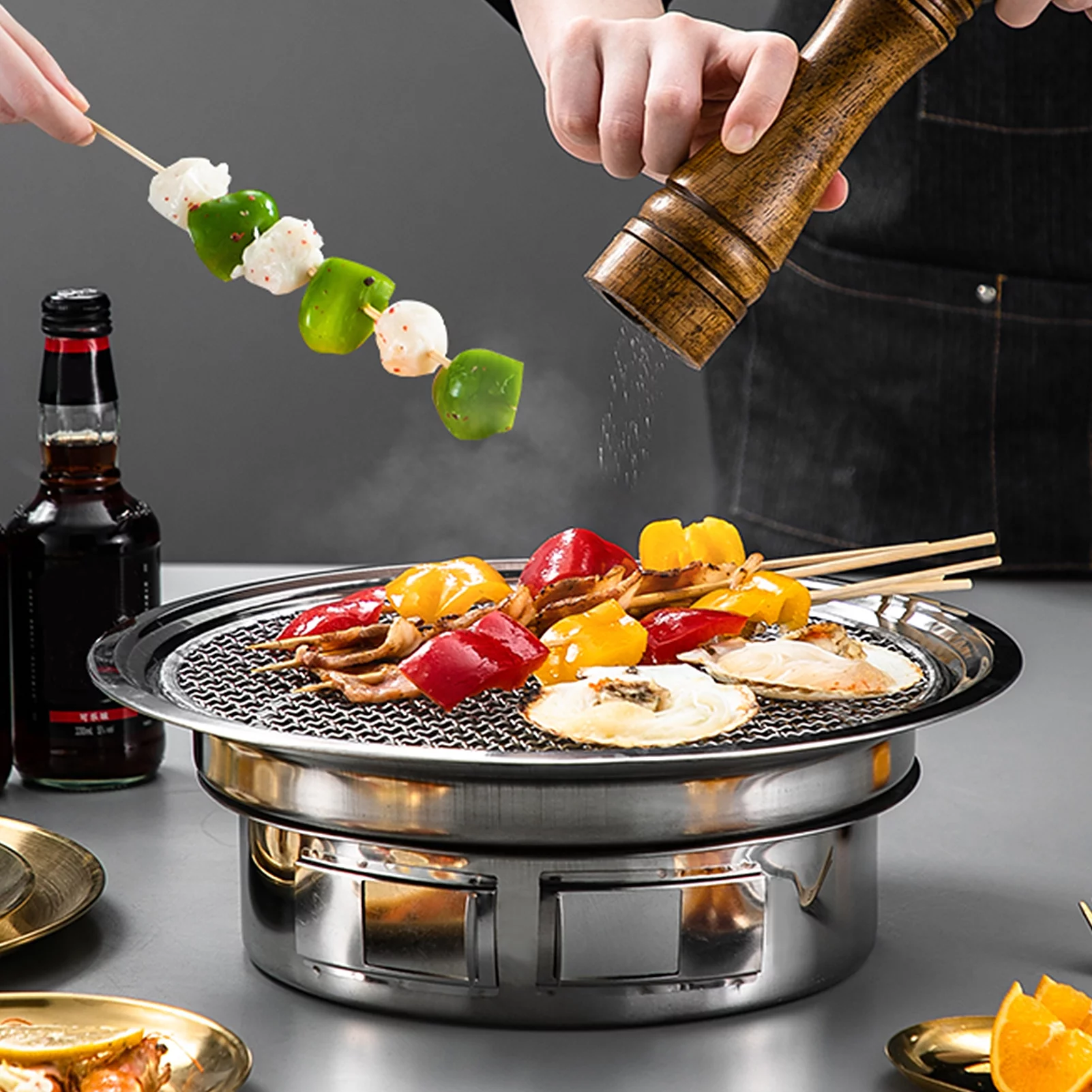 Aibecy Charcoal Grill Non-stick Korean Barbecue Grill Portable Stainless Steel BBQ Charcoal Grill for Outdoor Camping Cooking