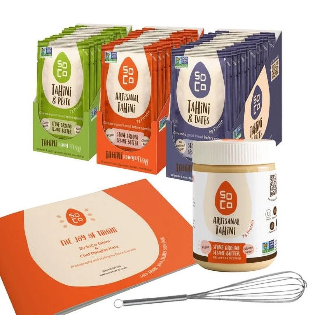 SoCo Tahini Starter Kit Gift Box 1 x Artisanal Tahini Jar 3 x Single Serve Boxes Tahini & Dates, Tahini & Pesto, Artisanal Tahini each (Box of 10) Gluten-Free, Sugar-Free
