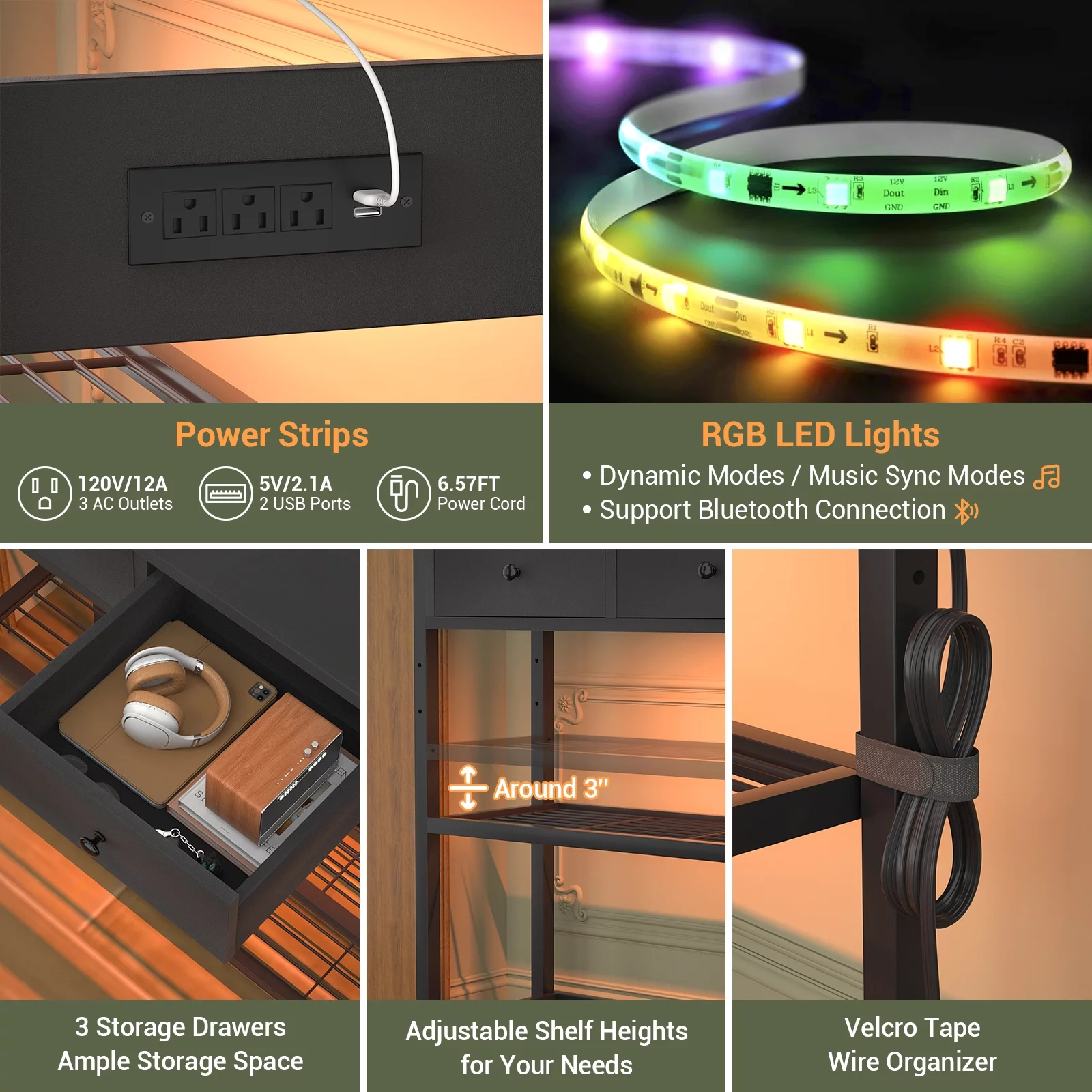 Homieasy Console Table with Charging Station and USB Port, 47 inch Entryway Table with LED Lights, Sofa Table Narrow Long with Storage Shelves for Entryway, Couch, Hallway, Foyer, Black