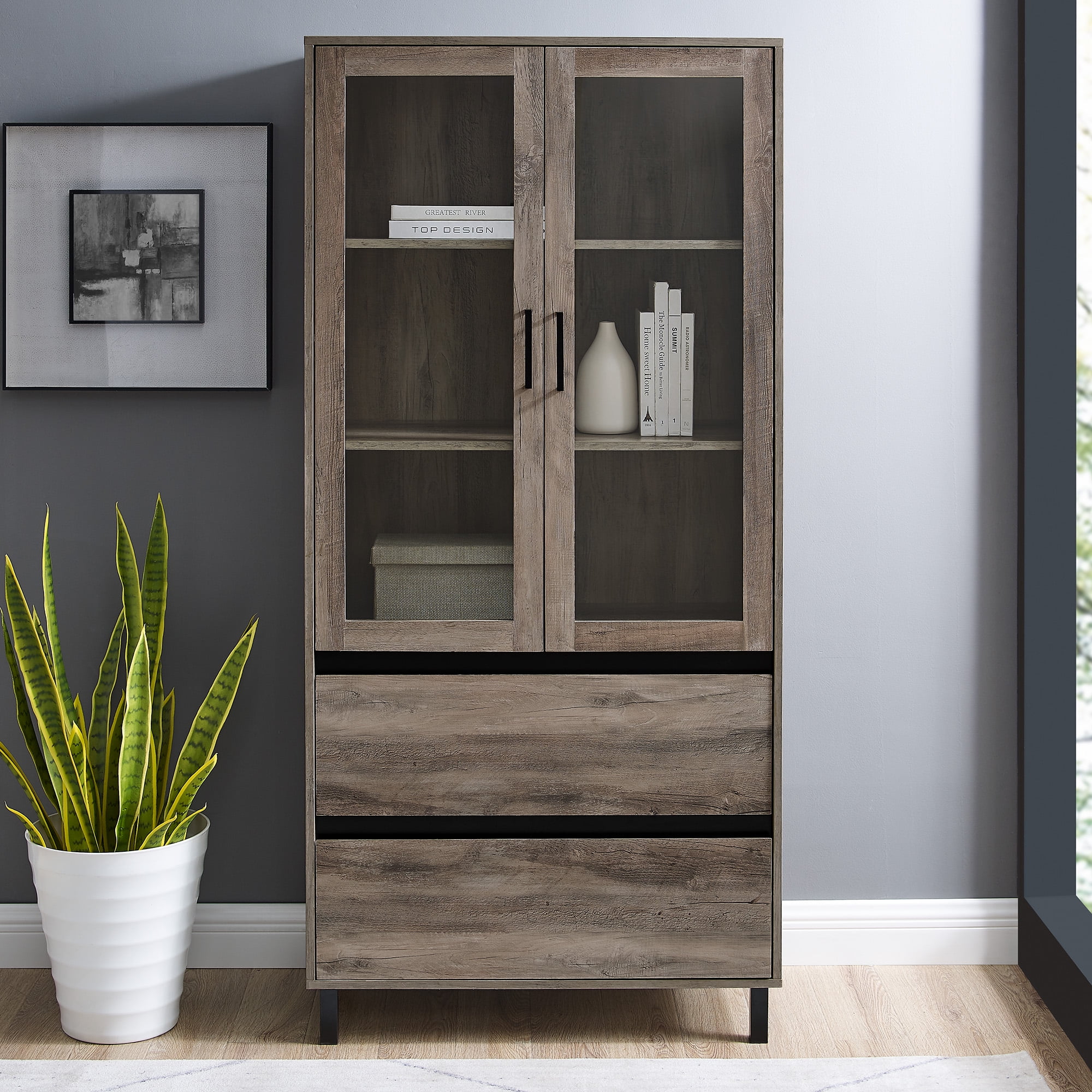 Walker Edison Elaine Mid Century Glass Door Bookcase, Grey Wash