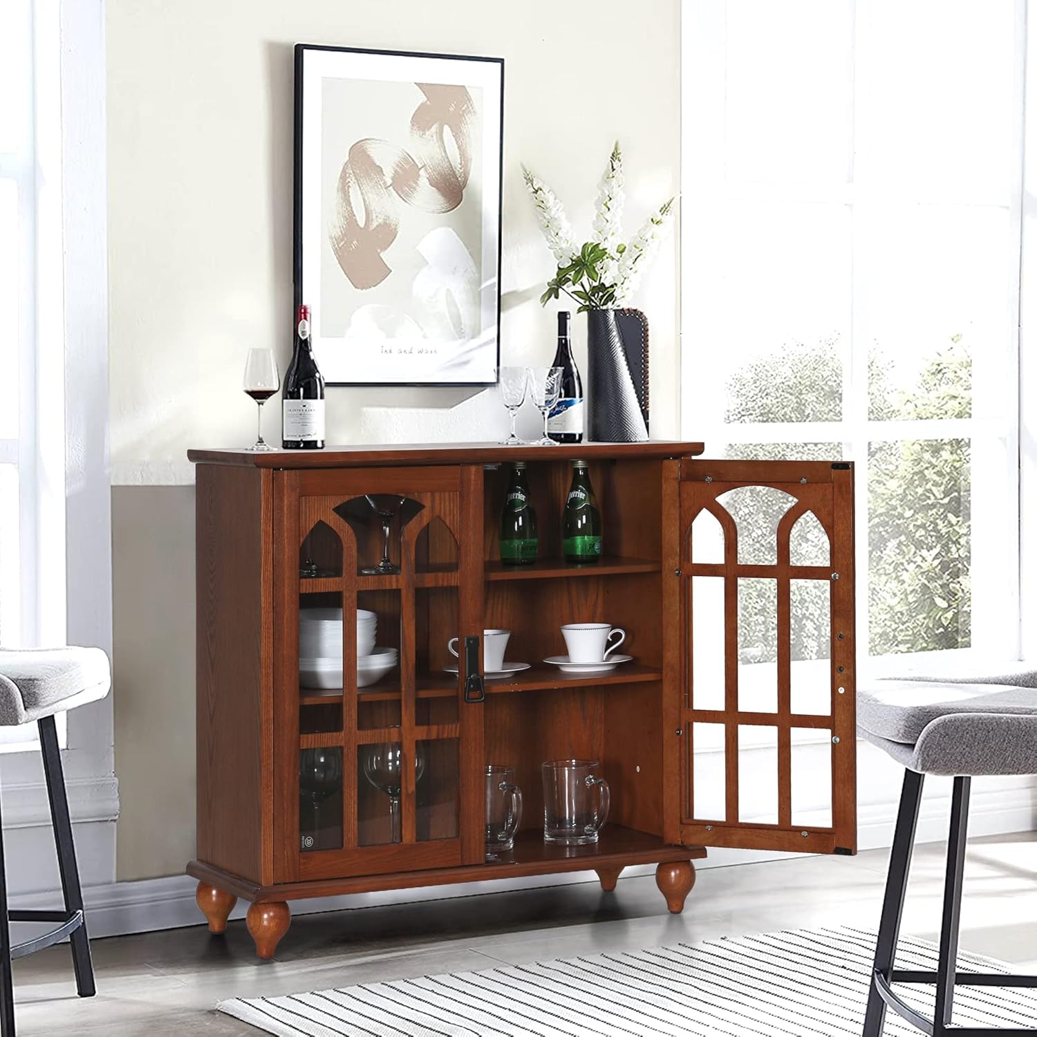 Sideboard Buffet Cabinet, Accent Wood Display Storage Cabinet with Glass Double Doors and Adjustable Shelves for Kitchen Living Dining Room Office, Embossed Frame