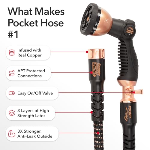 Pocket Hose Copper Bullet Expandable Garden Hose 25 FT w/10 Pattern Thumb Spray Nozzle AS-SEEN-ON-TV 650psi 3/4 in Patented Lead-Free Ultra-Lightweight Solid Copper Anodized Aluminum Fittings No-Kink