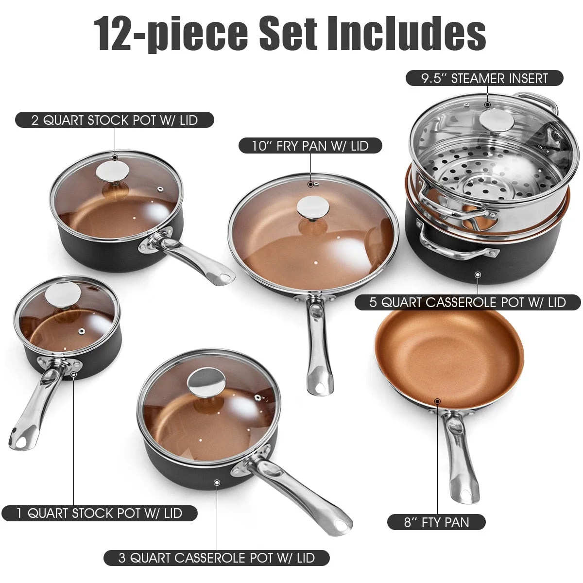 12 Piece Nonstick Cookware Set Copper Pots Pans Set