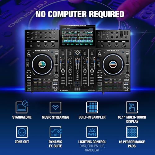 Denon DJ PRIME 4+ Standalone DJ Controller with Stem Separation on 4 Decks, Wi-Fi Streaming, Drop Sampler Mixer, 10.1