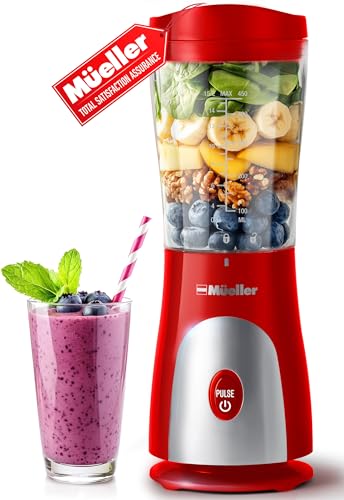 Mueller Smoothie Blender for Smoothies - Personal Blender for Shakes, Frozen Drinks, Baby Food & More, 15oz Travel Cup and Lid, Durable Stainless Steel Blades for Powerful Blending Performance, Black