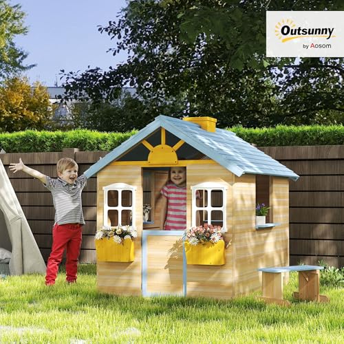 Outsunny Wooden Playhouse for Kids Outdoor Garden Pretend Play Games, Adventures Cottage, with Working Door, Windows, Bench, Service Station, Flowers Pot Holder, for 3-7 Years Old