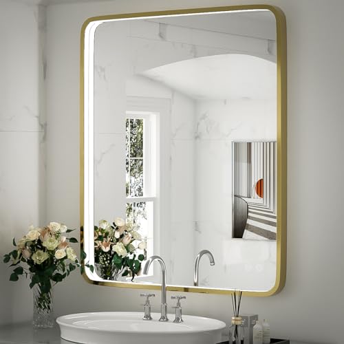 32X24 Inch LED Bathroom Mirror with Light, Black Metal Frame Mirror, Wall Mounted Lighted Vanity Mirrors for Wall, Anti Fog Dimmable Led Mirror for Makeup