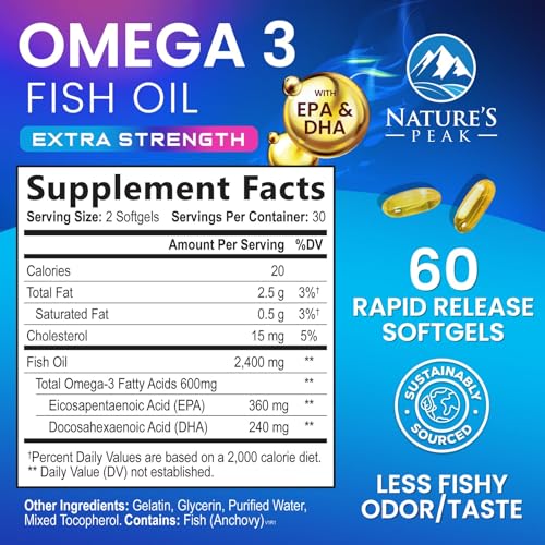 Triple Strength Omega 3 Fish Oil 2400 mg Softgels, Nature's Fish Oil Supplements, Brain & Heart Health Support - EPA & DHA, 1200 MG Fish Oil in Each Softgel, Omega-3 Supplement - 120 Fish Oil Softgels