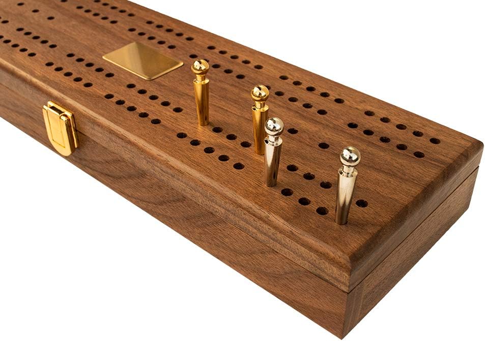 Le Club Luxury Domino Set with Handcrafted Walnut Case and Cribbage / Counter Top - Tournament Quality 28 Indestructible (Domino Set with Brass Plate)