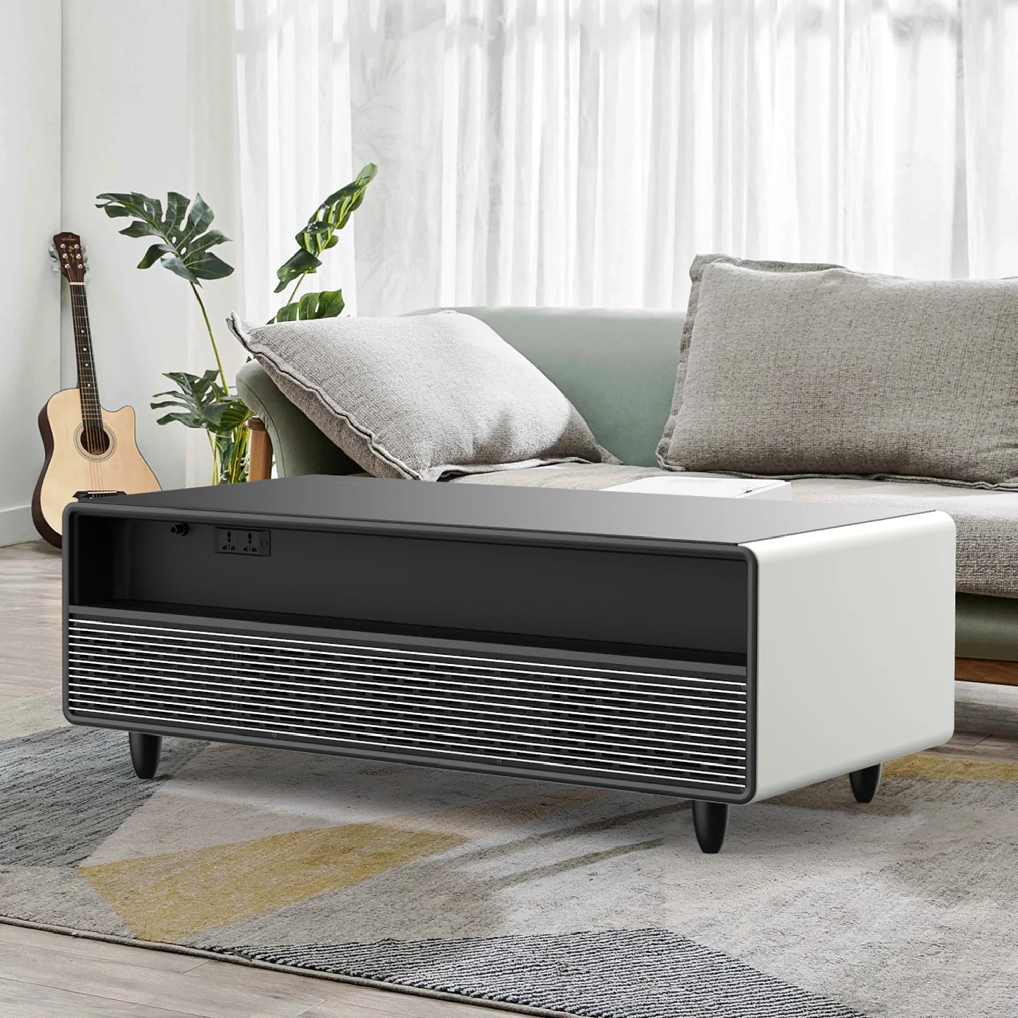 Livtab Smart Coffee Table with Built-in Fridge, Bluetooth Speakers, Wireless Charging, USB Ports and Outlets, Panel, LED Lights for Living Room, White