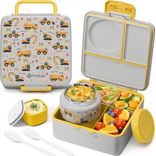 Fimibuke Bento Box for Kids Adult with Thermos, 3-4 Compartment 60OZ Toddler Lunch Box Container with Leakproof 8OZ Insulated Food Jar, Sauce Jar, Utensil for School Boy Girl, BPA-Free Dishwasher Safe